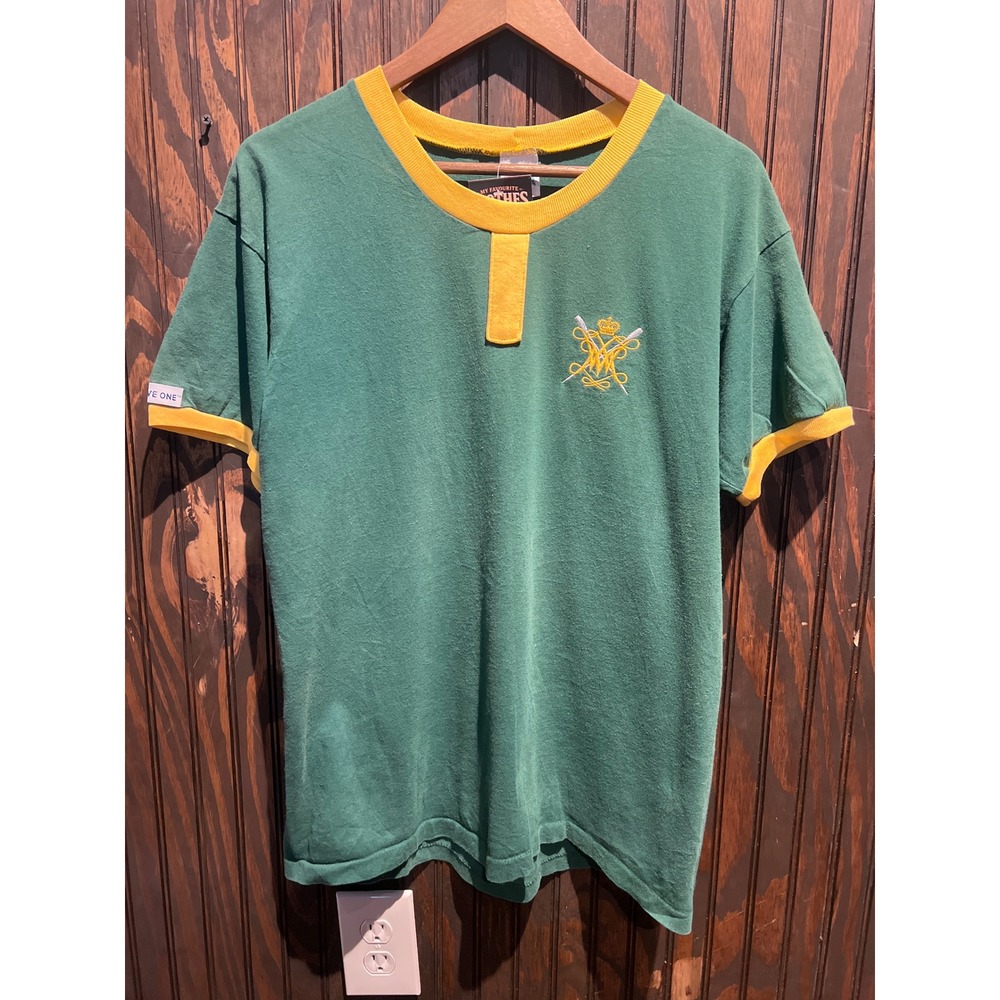 Vintage My Favourite Clothes Green Ringer Henley T-Shirt Yellow Trim Crest XL